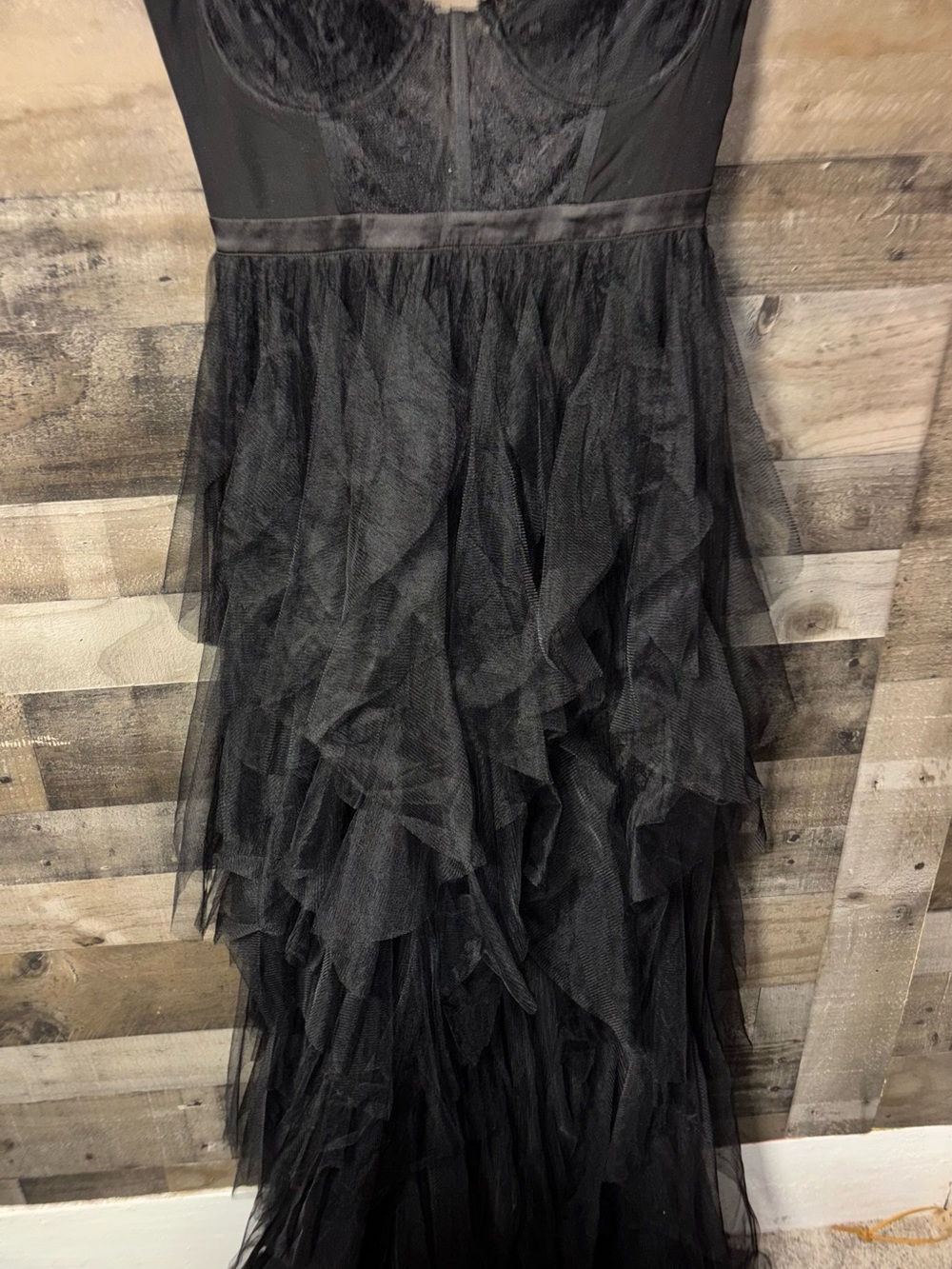 Black Layered Mini Lace Dress with High-Low Tulle OverSkirt M